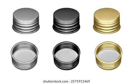 Bottle screw caps mockup template, isolated blank silver and gold metal or aluminum jar or container lids. Vector icon of top and inside of packaging part. Twist to open or close package