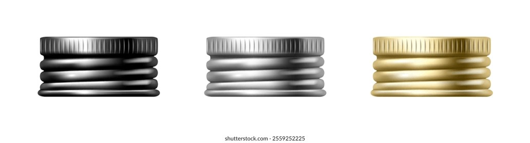 Bottle screw caps side view, isolated realistic silver and gold jar lids or container tops. Vector serrated metal item for twisting, closing and opening produce in packaging. Mockup template