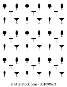 Bottle Screw And Wine Glass Seamless Pattern, Vector Illustration