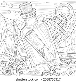 
Bottle and scroll at the bottom of the ocean.Coloring book antistress for children and adults. Illustration isolated on white background.Zen-tangle style. Hand draw