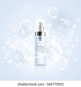 bottle of serum with hyaluronic acid, advertising design template cosmetics