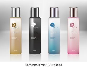 conjunto de botellas. Viales en blanco cosmético para fármaco líquido. plantilla de frascos transparentes con tapa colorida y brillante. 3.d Paquete de simulación de vectores