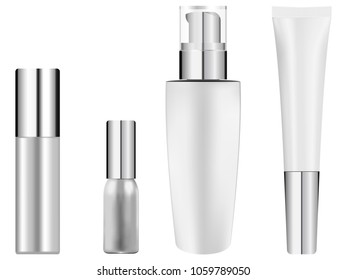 Bottle set for cosmetics. Realistic vector illustration. Mirror lid white basis containers separated on background. Metallic or plastic material.