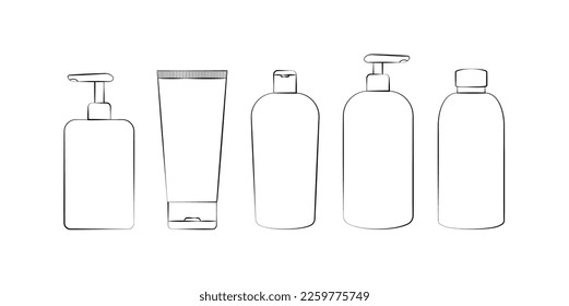 Bottle set with dispenser pump for liquid soap , gel, lotion, cream, shampoo, bath foam and other cosmetics, Skin Care Packaging Skin Care Component, Vector Line, outline, Doodles, icon
