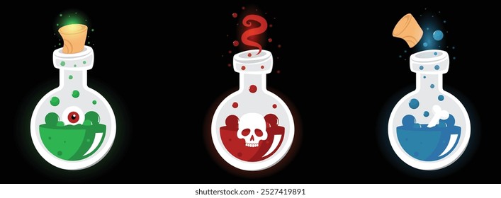 Conjunto de botellas con poción mágica. Elixir mágico de iconos rojo, verde y azul. Elementos de diseño para Halloween. Ilustración vectorial. Juegos. Estilo de dibujos animados.