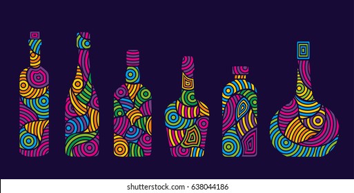 Bottle set for menu design. Bright bottles of alcohol. Illustration for posters, menus, invitations.