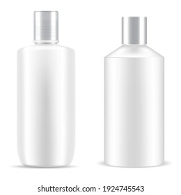 Bottle shampoo cosmetic. White package plastic mockup. Cosmetic product cylinder container, bath gel realistic tubular design. Beauty container vector object, skin care packing template collection