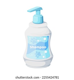 Bottle of shampoo for dog and cat vector illustration. Cartoon isolated white plastic container with blue spray pump and label, liquid cosmetic product to clean and wash pets, shampoo for hygiene