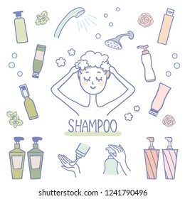 Bottle of shampoo and hair conditioner.
Illustration of handwriting.