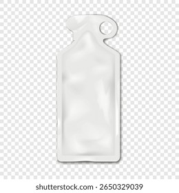 Bolsa de saqueta com entalhe lacrimal em forma de garrafa com furo. Mock-up de vetor realista. Saco de plástico branco pendurado. 3d mockup. Embalagem individual para dose única de produto líquido. Modelo para design