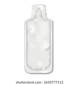 Bottle shaped tear notch sachet pouch. Realistic vector mock-up. Blank white plastic bag. 3d mockup. Liquid product single dose, serving individual package. Template for design