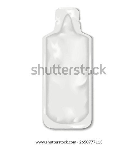 Bottle shaped tear notch sachet pouch. Realistic vector mock-up. Blank white plastic bag. 3d mockup. Liquid product single dose, serving individual package. Template for design