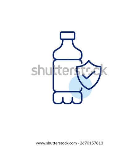 Bottle, shield and checkmark. Verified product safety, certified contents, trusted packaging, approved ingredients. Pixel perfect, editable stroke vector icon