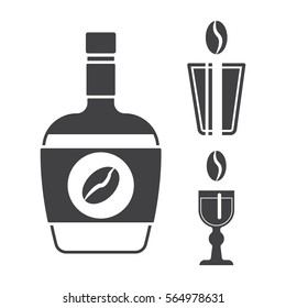 bottle and shot glass with coffee drink. alcohol, black-and-white.vector image,flat design