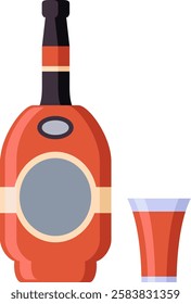 Bottle and shot glass containing red liquor, celebrating concept, isolated on white background, party and celebration icon, flat vector illustration