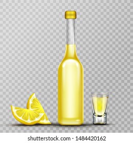 Bottle, shot glass and lemon slices, tequila or lemoncello drink, glass flask with gold liquid mock up, alcohol beverage isolated on transparent background. Realistic 3d vector illustration, clip art
