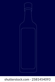 A bottle is shown in a blue background. The bottle is empty and has a blue label. The bottle is a simple design with a clear outline. Concept of emptiness and simplicity