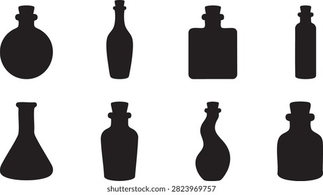 Bottle silhouette icon set with eight black cork stopper containers for potion and liquid symbols