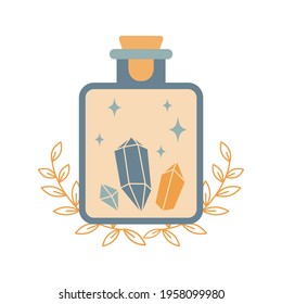 Flasche Silhouette mit magischem Elixier oder Gift mit Kristallen einzeln auf weißem Hintergrund. Boho Tränenslasche Silhouette. Okkulte Vektorgrafik. Alchemy Design Element. Esoterisches Mystisches Poster