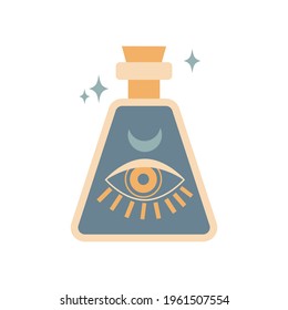 Bottle silhouette with magic elixir or poison with eye, moon isolated on white background. Boho potion bottle silhouette. Occult vector illustration. Alchemy design element. Esoteric mystic poster