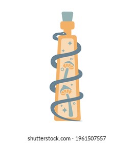 Bottle silhouette with magic elixir, poison with mushrooms, snake isolated on white background. Boho potion bottle silhouette. Occult vector illustration. Alchemy design for esoteric mystic poster