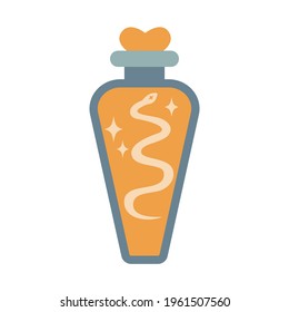 Bottle silhouette with magic elixir or poison with snake isolated on white background. Boho potion bottle silhouette. Occult vector illustration. Alchemy design element. Esoteric mystic poster