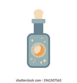 Bottle silhouette with magic elixir or poison with sun and moon isolated on white background. Boho potion bottle silhouette. Occult vector illustration. Alchemy design element. Esoteric mystic poster