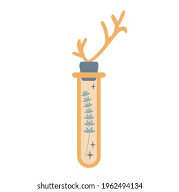 Bottle silhouette with magic elixir or poison with plant, horn isolated on white background. Boho potion bottle silhouette. Occult vector illustration. Alchemy design element. Esoteric mystic poster