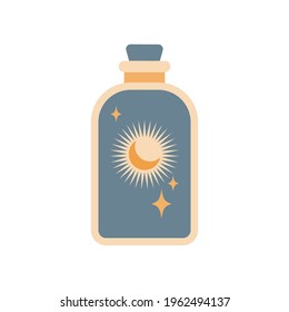 Bottle silhouette with magic elixir or poison with sun and moon isolated on white background. Boho potion bottle silhouette. Occult vector illustration. Alchemy design element. Esoteric mystic poster