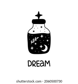 Bottle silhouette with magic elixir or poison. Mystic jar vector illustration. Esoteric alchemy design element. Witch brew poster with moon, stars. Hand drawn witchcraft symbol isolated on white.