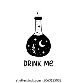 Bottle silhouette with magic elixir or poison. Mystic jar vector illustration. Esoteric alchemy design element. Witch brew poster with moon, stars. Hand drawn witchcraft symbol isolated on white.