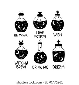 Bottle silhouette with magic elixir or poison collection. Mystic jar vector illustration. Esoteric alchemy design element. Witch brew poster with moon, stars. Hand-drawn witchcraft symbol on white.