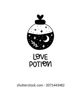 Bottle silhouette with magic elixir or poison. Mystic jar vector illustration. Esoteric alchemy design element. Witch brew poster with moon, stars. Hand drawn witchcraft symbol isolated on white.