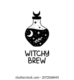 Bottle silhouette with magic elixir or poison. Mystic jar vector illustration. Esoteric alchemy design element. Witch brew poster with moon, stars. Hand drawn witchcraft symbol isolated on white.