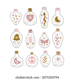 Silueta de frasco con elixir mágico o colección de veneno. Ilustración mística del vector del frasco. Alquimia estotérica. Bruja con luna, estrellas, cráneo, setas, serpiente, cristal. Símbolo de brujería.