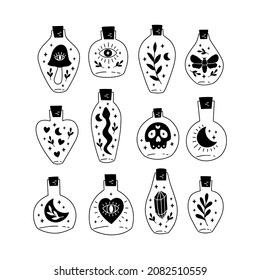 Bottle silhouette with magic elixir or poison collection. Mystic jar vector illustration. Esoteric alchemy element. Witch brew with moon, stars, skull, mushroom, snake, crystal. Witchcraft symbol.
