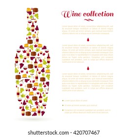 Bottle silhouette with wine icons. Vector illustration. Banner or brochure template for winery