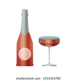 Bottle with Silver Label and Glass with Rose Liquid on White Background. Modern Vector Illustration. Social Media Ads.