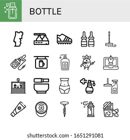 bottle simple icons set. Contains such icons as Liquid soap, Portugal, Beer factory, Trainers, Medicine, Mop, Serum, Bar, Pirate, Fountain pen, can be used for web, mobile and logo