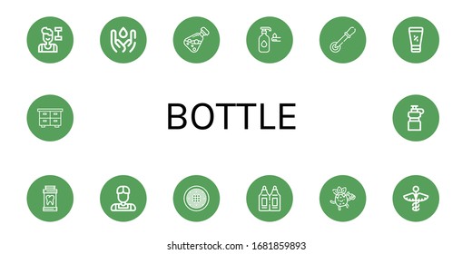 conjunto de iconos sencillos para botellas. Contiene iconos como Fitness, Agua, Aceite Esencial, Loción, Pipeta, Pantalla solar, Medicina, Atleta, Spaghetti, Supositorios, puede ser usado para web, móvil y logotipo