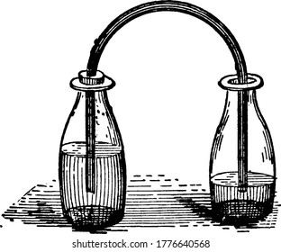 Bottle siphon, the process that requires both the pressure and gravity, with two bottles partly filled with water and connected by a bent tube that fits closely into the mouth of one and loosely