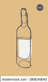 Bottle sketch icon in trendy hand-drawn style with artistic pencil textures. Crayon silhouette of alcohol bottle for emblem vineyard, organic wines banner,  logo wine brand, wines festival, bar sign.