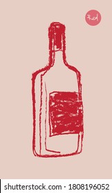 Bottle sketch icon in trendy hand-drawn style with artistic pencil textures. Crayon silhouette of alcohol bottle for emblem vineyard, organic wines banner,  logo wine brand, wines festival, bar sign.