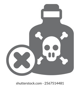 Bottle with skull cross bones ban solid icon, prohibited items concept. Vector graphics. Poison glass bottle forbidden sign on white background, glyph style icon for mobile or web design