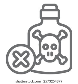 Bottle with skull cross bones ban line icon, prohibited items concept. Vector graphics. Poison glass bottle forbidden sign on white background, outline style icon for mobile or web design