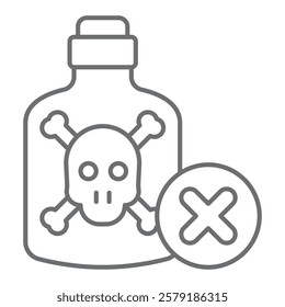 Bottle with skull cross bones ban thin line icon, prohibited items concept. Vector graphics. Poison glass bottle forbidden sign on white background, outline style icon for mobile or web design