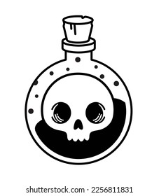 Botella con cráneo. Veneno mortífero con hueso de cabeza en estilo simple en Halloween. Poción mágica venenosa en un matraz con un cráneo. bruja de bruja. Ilustración vectorial aislada en blanco.