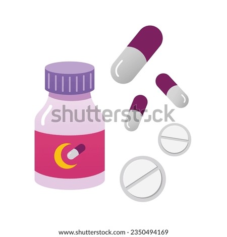 Bottle of sleeping pills. Dormitive tablets. pills for better sleeping. Cartoon illustration, flat design. Cartoon illustration, flat design.