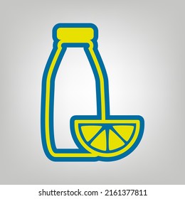 Bottle with sliced orange. Dietology sign. Icon in colors of Ukraine flag (yellow, blue) at gray Background. Illustration.