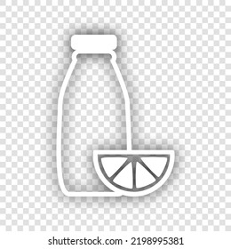 Bottle with sliced orange. Dietology sign. White Icon with dropped natural gray Shadow at transparent Background. Illustration.